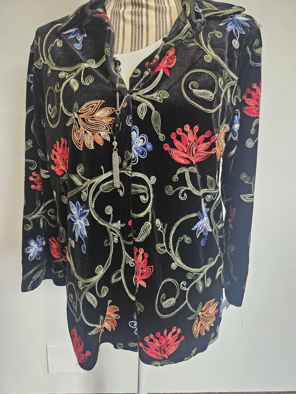 Alfred Dunner Black Velvet Jacket with Multicolor Floral Embroidery